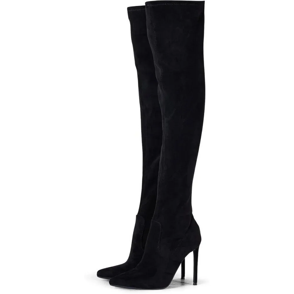 Women Black Suede Wools Lining Pointed Toe 4.3 inch Stilettos Thigh High Boots